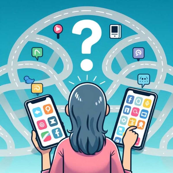 A person stands at a crossroads with a smartphone in hand. The screen shows a maze of app icons.