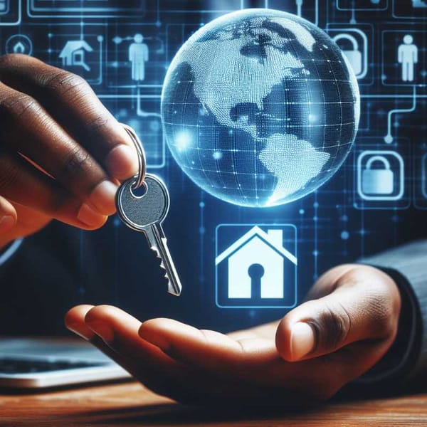 A person holding a house key in front of a computer screen displaying a globe and a lock icon.