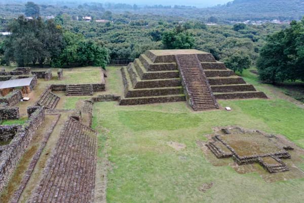 Image of a restored pyramid structure at the Tingambato archaeological site.