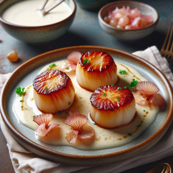 Photo of seared scallops with creamy sauce and pink pickled sweet peeper shoots on the side.