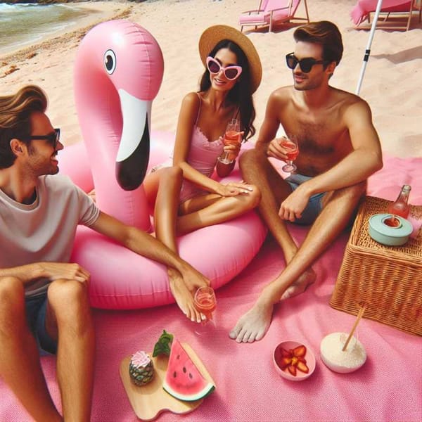 A flamingo pool float adds a touch of fun to a picture-perfect picnic on the pink sands of Isla Blanca.