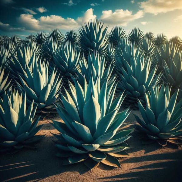 Blue agave plantation with rows of tall agave plants with sharp green leaves under a clear blue sky.