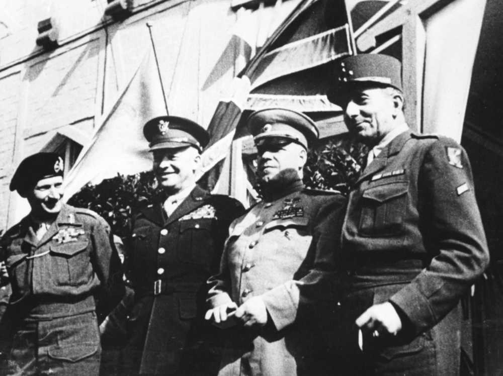 Allied generals Montgomery, Eisenhower, Zhukov, and Delattre de Tassigny in Berlin (May 1945).