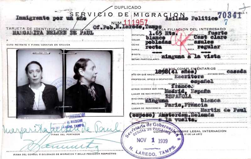 Identification card of Margarita Nelken de Paul, Mexico, 1939.