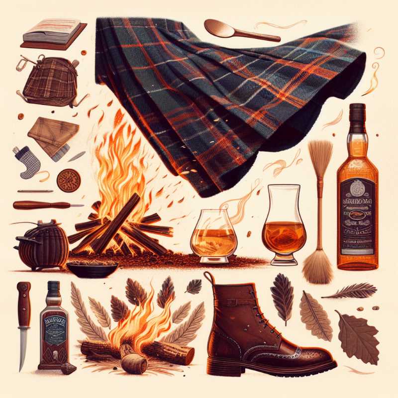 A collage of elements — a kilt flapping in the wind, a bonfire, and various whisky bottles.