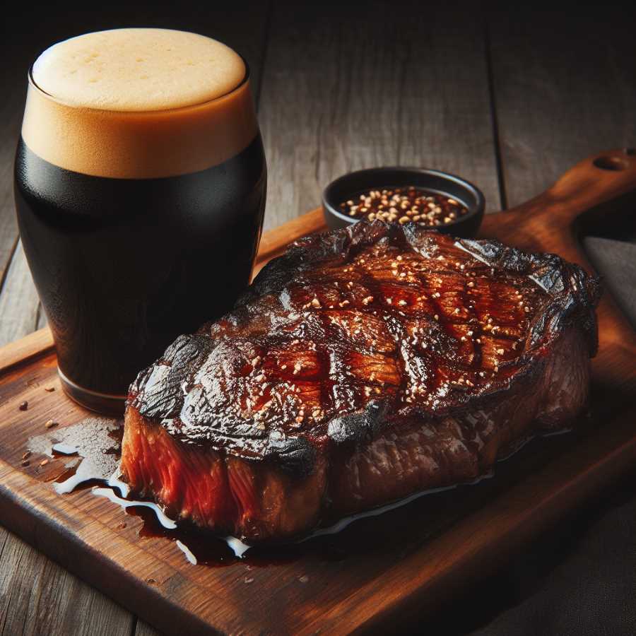 A juicy steak dripping with char rests beside a dark, frothy porter.