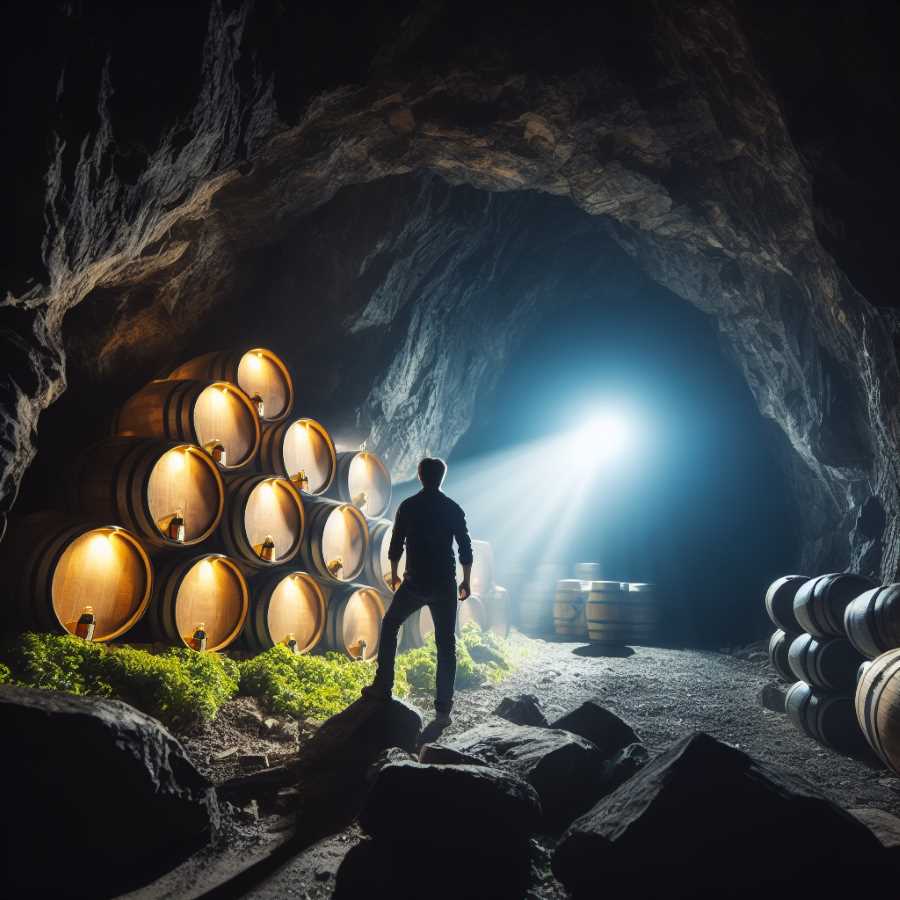 A person peering into a dark cave entrance with spotlights shining towards barrels of beer inside.