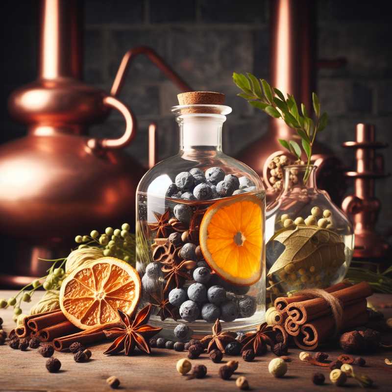  Juniper berries, coriander seeds, angelica root, orange peel, and licorice root arranged in a glass decanter.