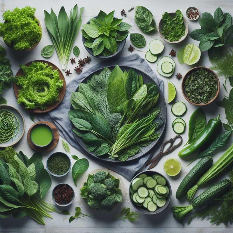 An assortment of different leaves – grape leaves, banana leaves, Swiss chard.