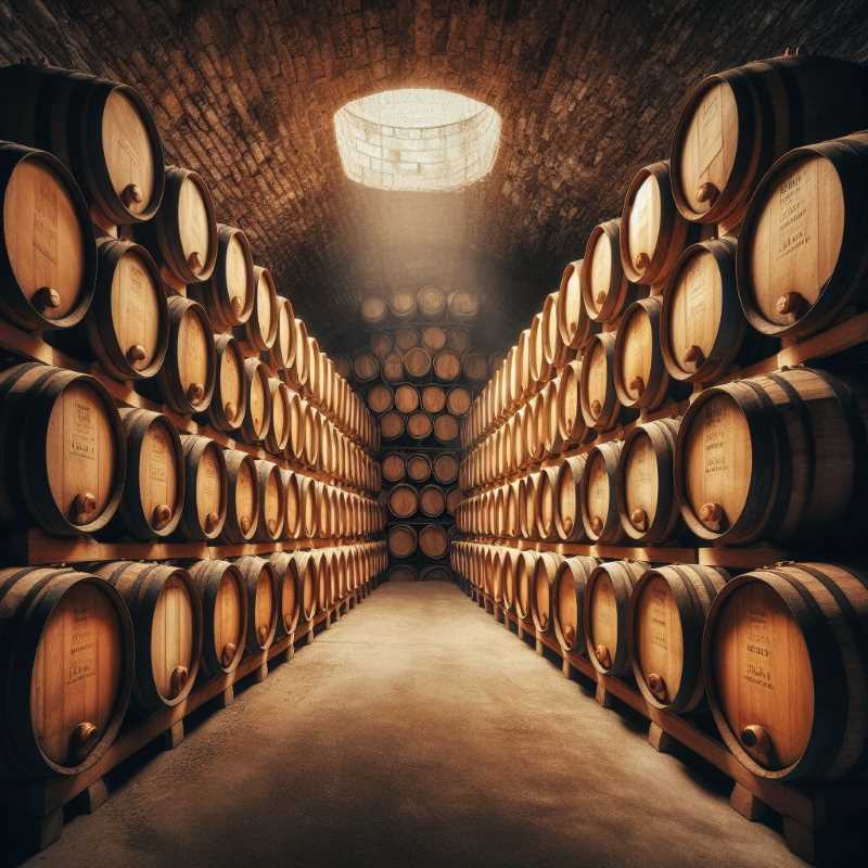 Aging cider barrels stacked in a cellar.