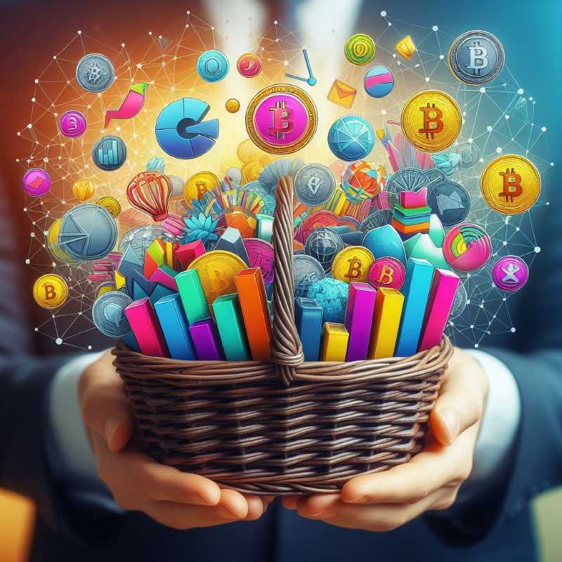 A colorful basket overflowing with different investment icons like coins, stocks, and graphs.