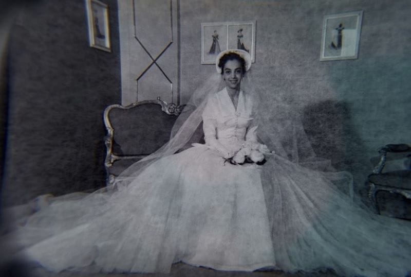 Photo of bride, showing her dress.