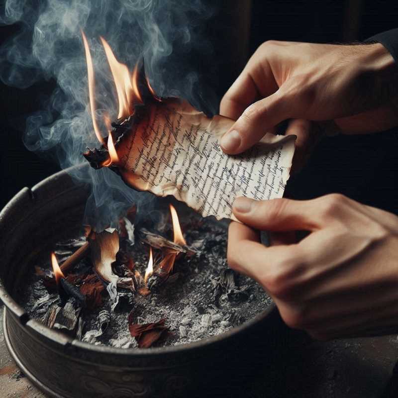 A hand holding a burning piece of paper with faint writing visible, over a metal ashtray filled with ashes.