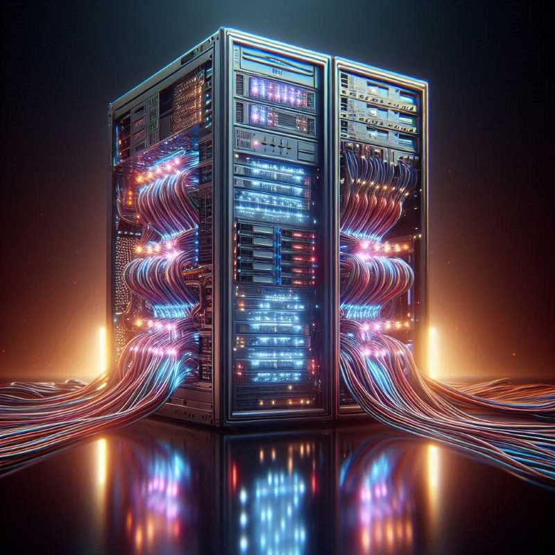 A powerful supercomputer with flashing lights and cables, representing the computational power needed for galaxy simulations.