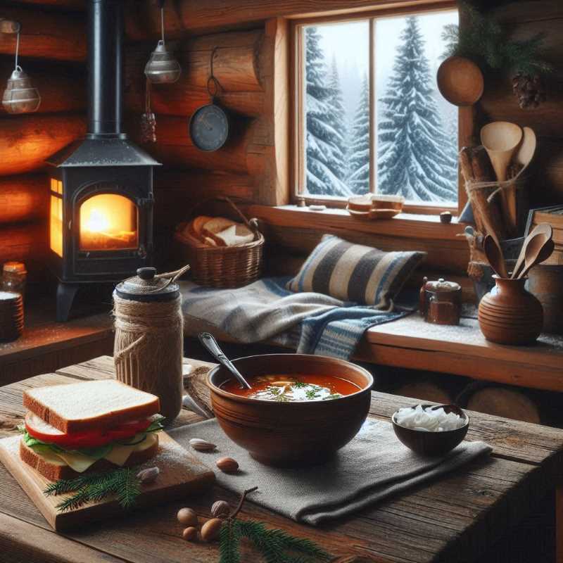 A rustic scene of a cozy cabin with a steaming bowl of soup and a sandwich on a wooden table.