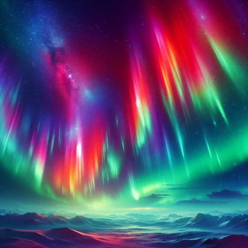 Colorful aurora borealis lights fill the night sky, caused by a solar storm.