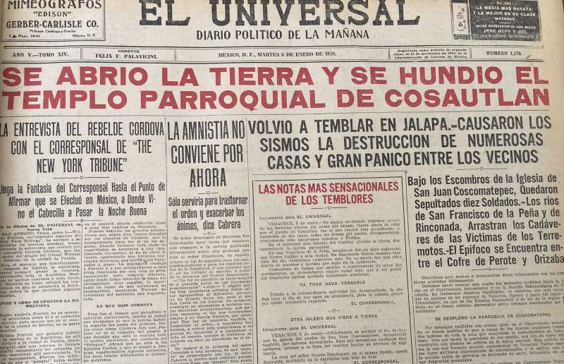 Front page of the El Universal newspaper of January 6, 1920.