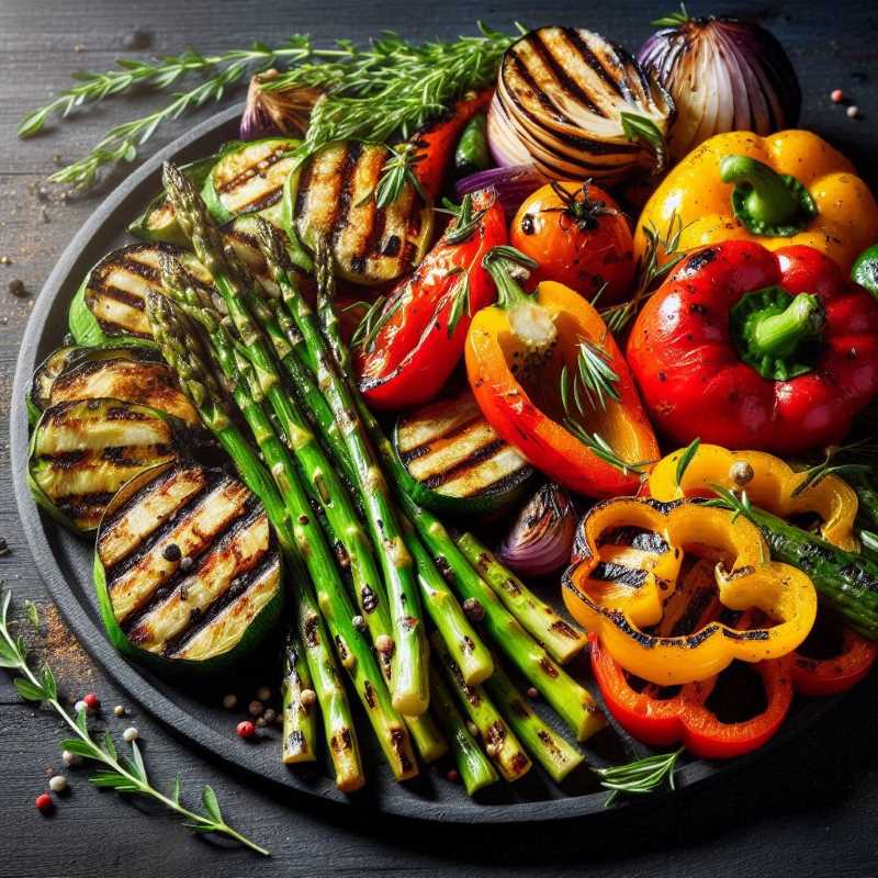 A colorful platter of grilled vegetables including asparagus, peppers, and onions with char marks and fresh herbs.