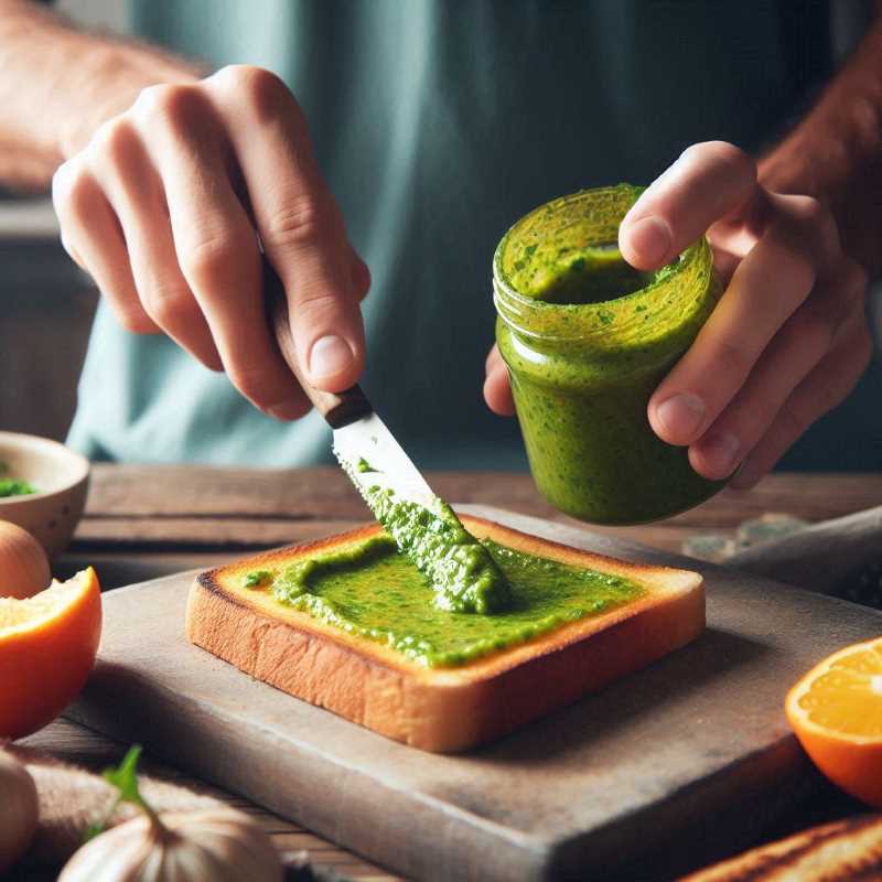 Person spreading green chutney on a toasted slice of bread.