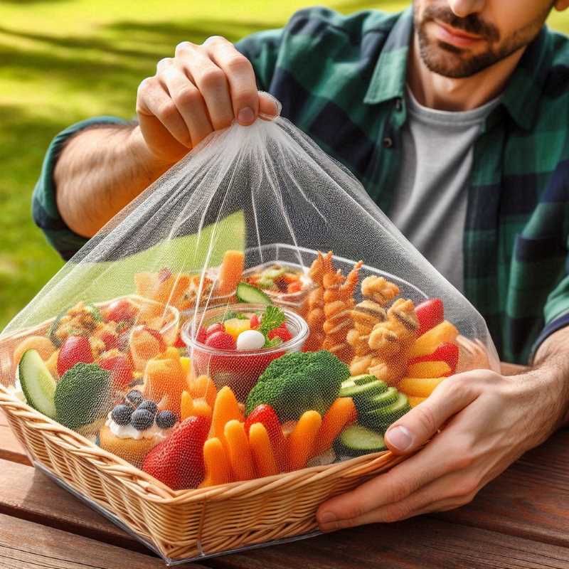 Person using a mesh food cover to protect food on a picnic table from insects.