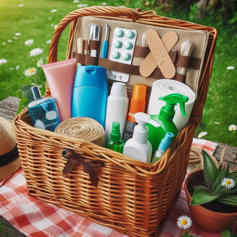 Picnic basket filled with sunscreen, bug spray, aloe vera gel, and bandages for an outdoor party.