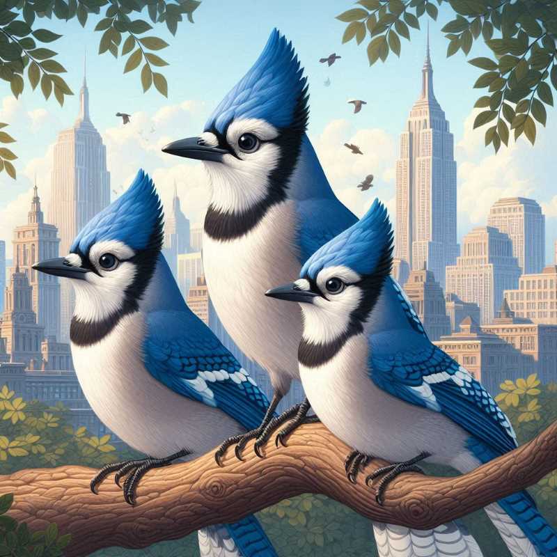 Three blue jays with a crest of white feathers sit on a branch in a tree. A city skyline is visible in the background.