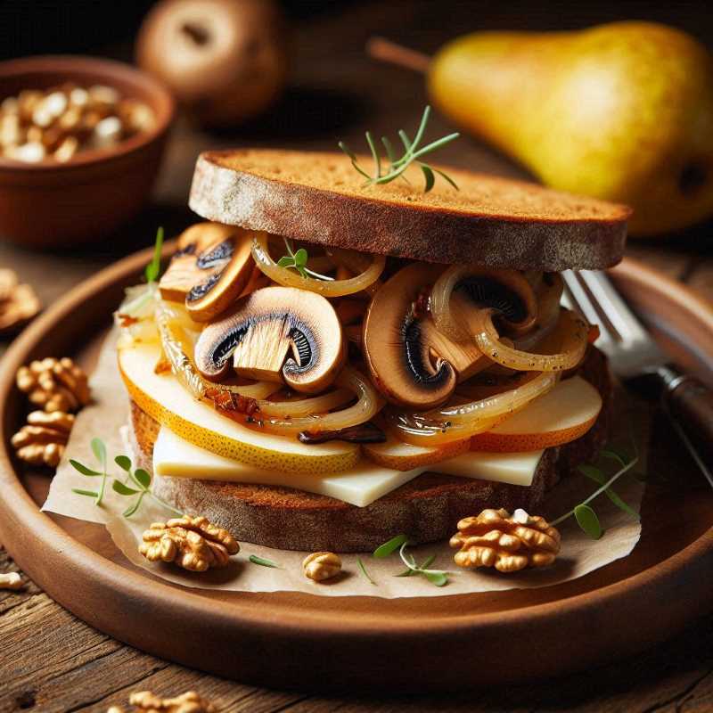 A close-up photo of a fall sandwich on rye bread with sliced mushrooms, caramelized onions, pear slices, and walnuts.