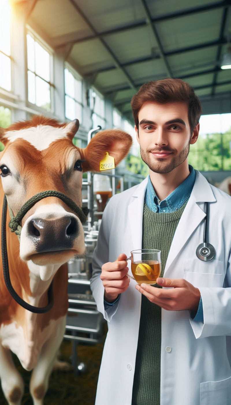 Scientist in a lab coat offering a cup of tea to a cow.