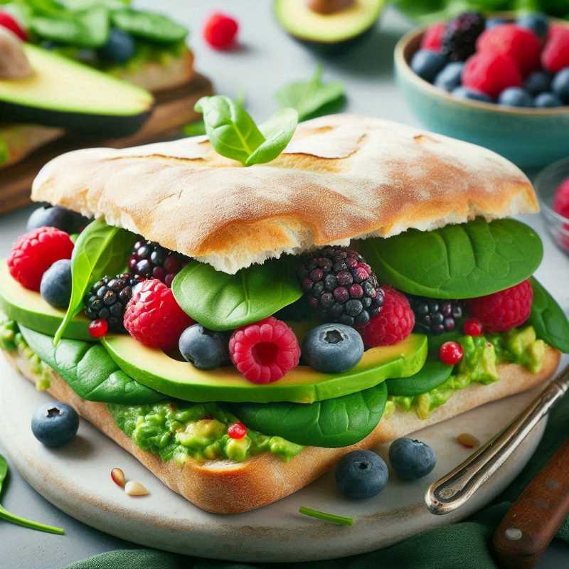 A close-up photo of a spring sandwich on focaccia bread with green baby spinach leaves, sliced avocado, and a mix of colorful berries.