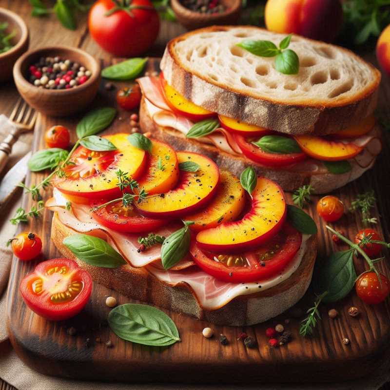 A close-up photo of a summer sandwich on sourdough bread with sliced tomatoes, peaches, and green herbs.