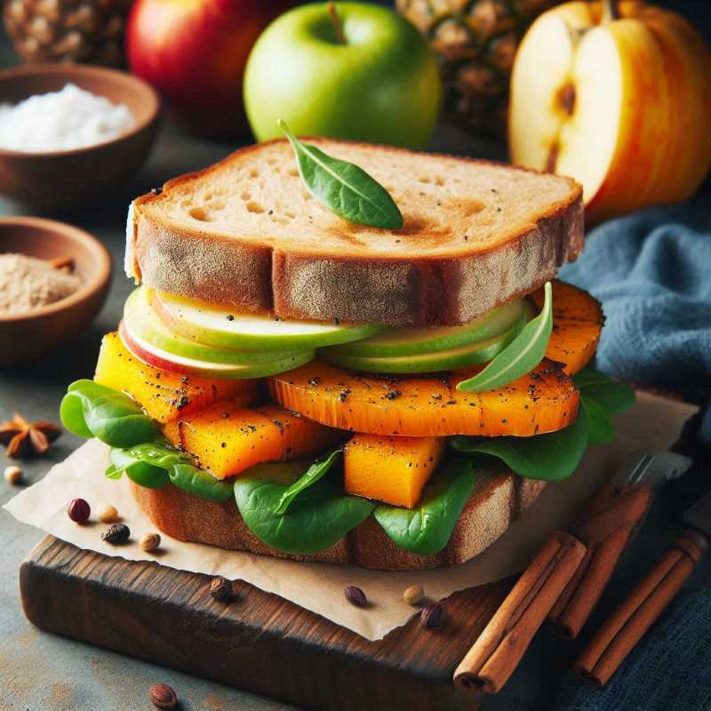 A close-up photo of a winter sandwich on whole wheat bread with winter greens, roasted butternut squash slices, apple slices, and a wedge of pineapple.