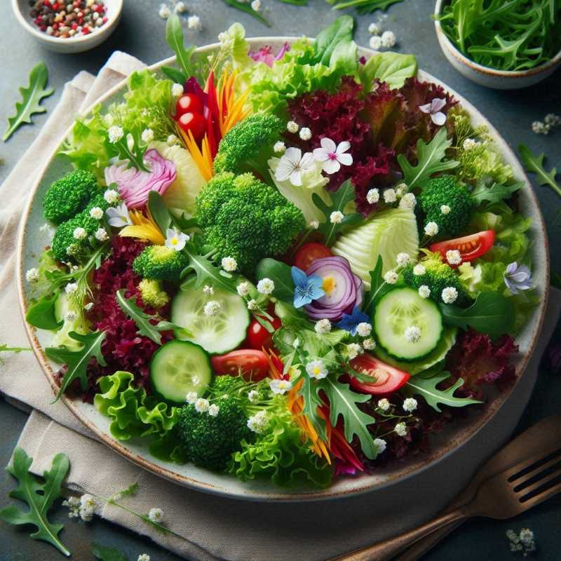 Photo of a colorful salad with various green lettuces, topped with small white arugula flowers.