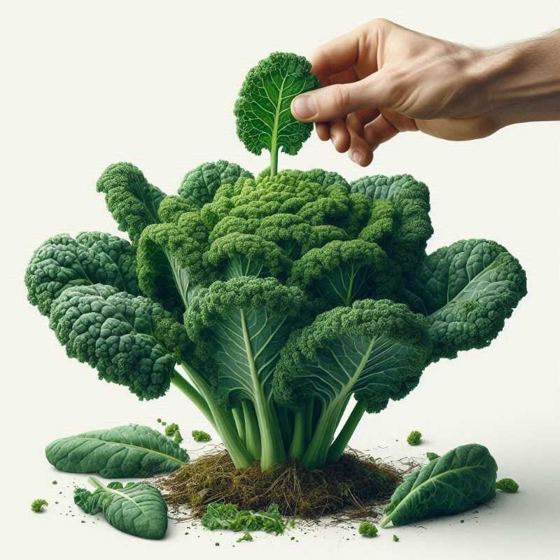  Close-up photo of a hand picking a large green leaf from a head of kale with smaller green leaves in the background.