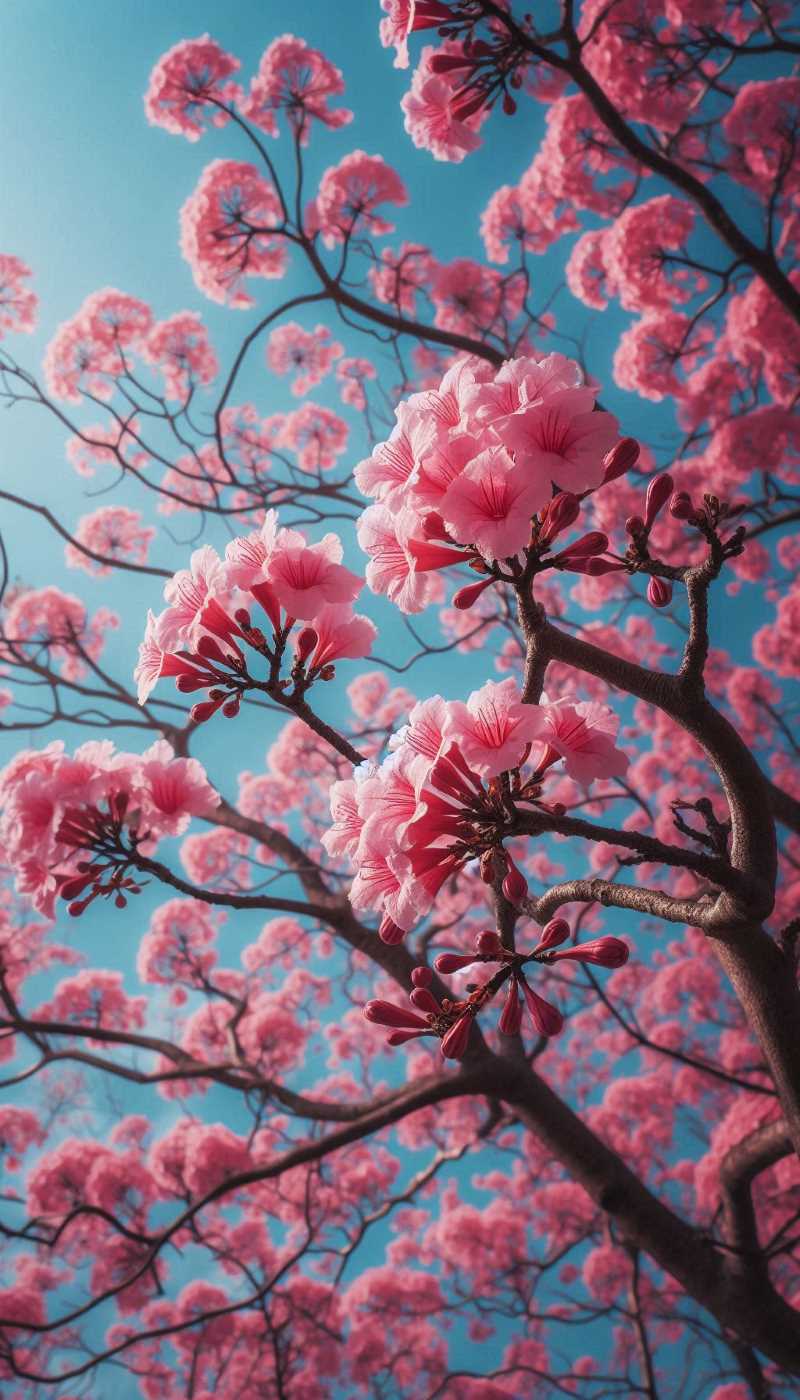 Close-up of pink Tabebuia Rosea flowers blooming on bare branches with a clear blue sky in the background.