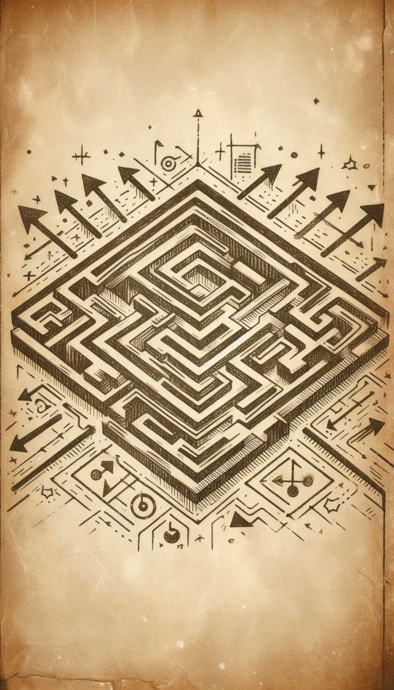 A maze drawn on a dusty piece of paper, with arrows pointing in different directions.