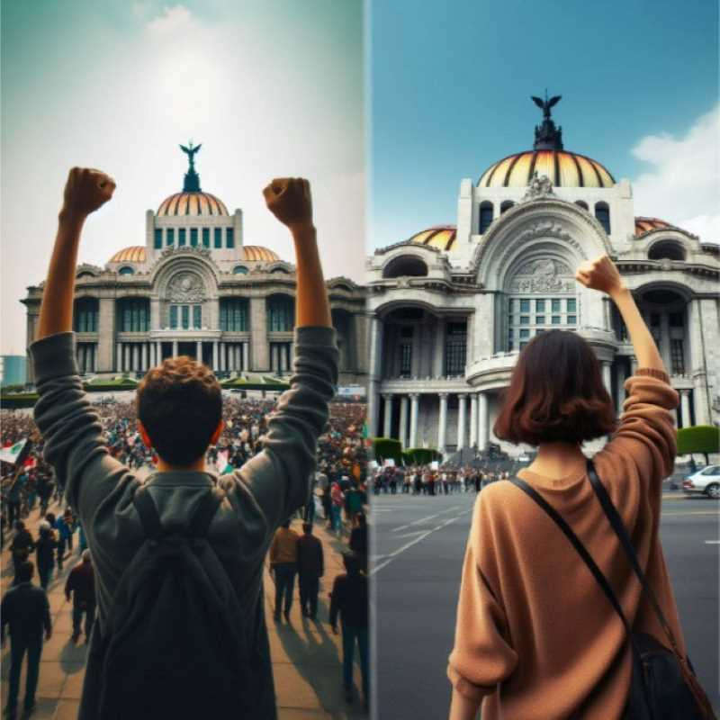 A person with a raised fist facing a large government building.