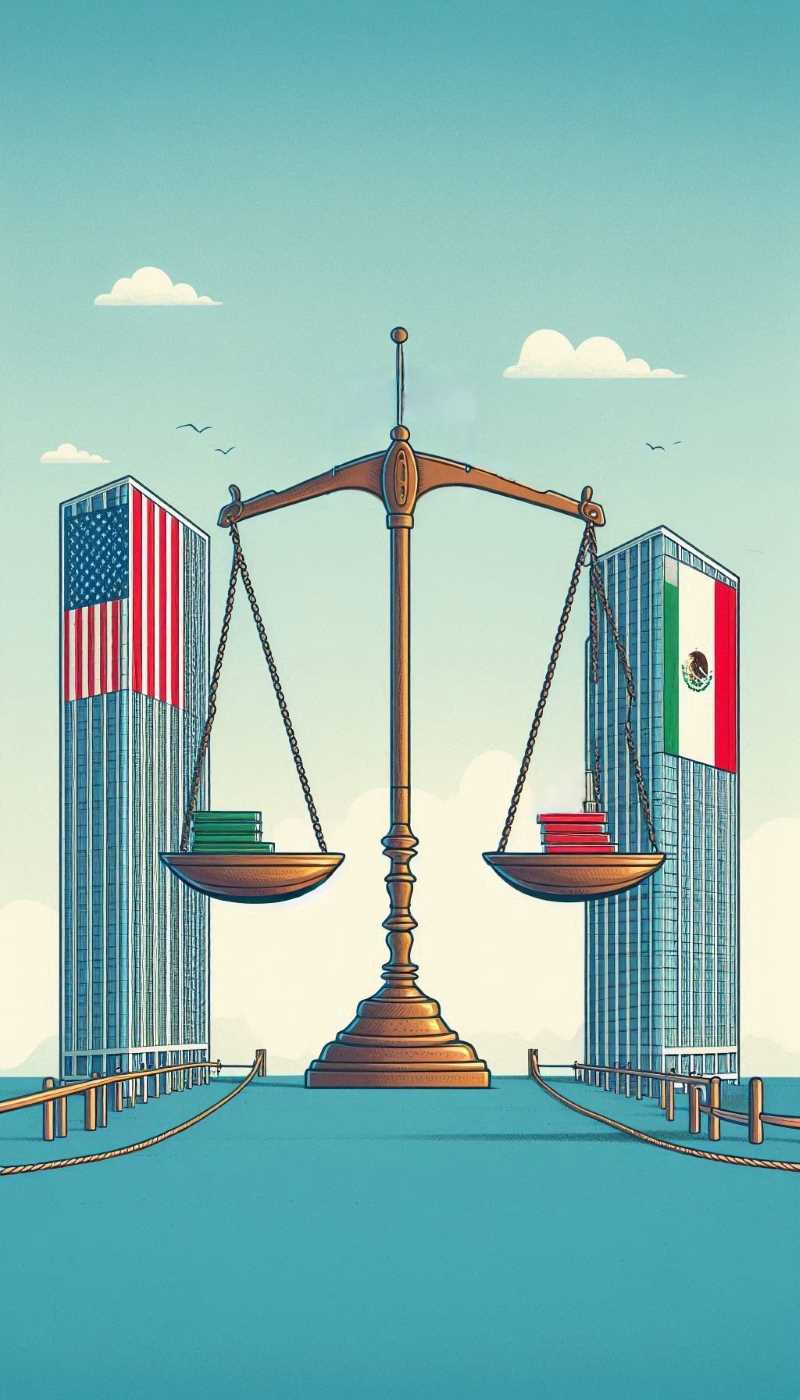 An image of a set of scales balanced on a tightrope stretched between two tall buildings. One building has a US flag and the other a Mexican flag.