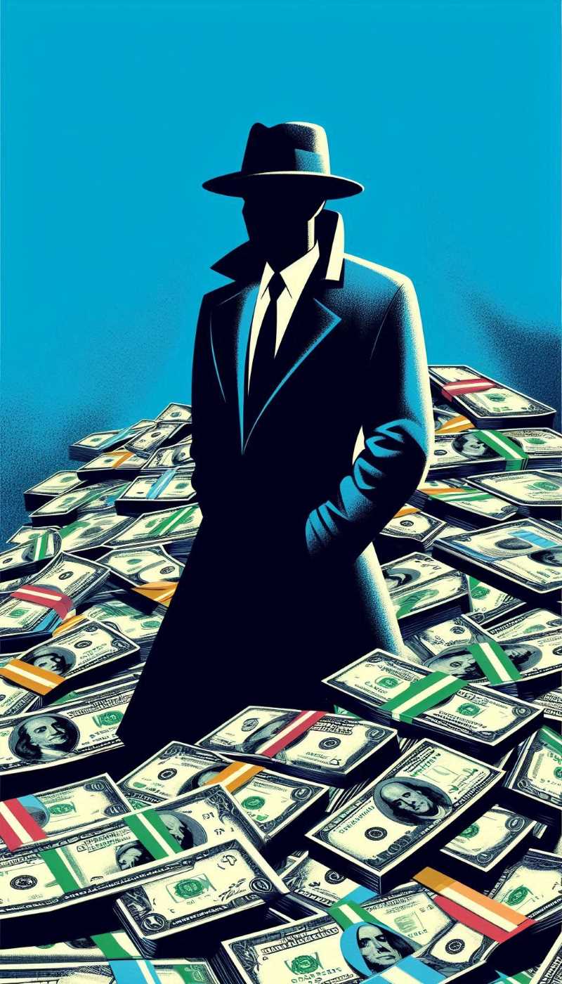 Illustration of a shadowy male figure in a trench coat standing in front of a pile of colorful dollar bills.