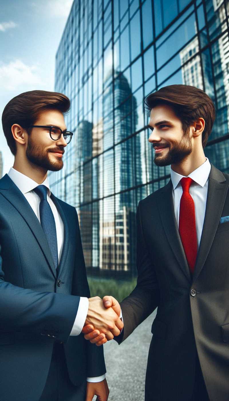 Photo of two men in suits shaking hands.