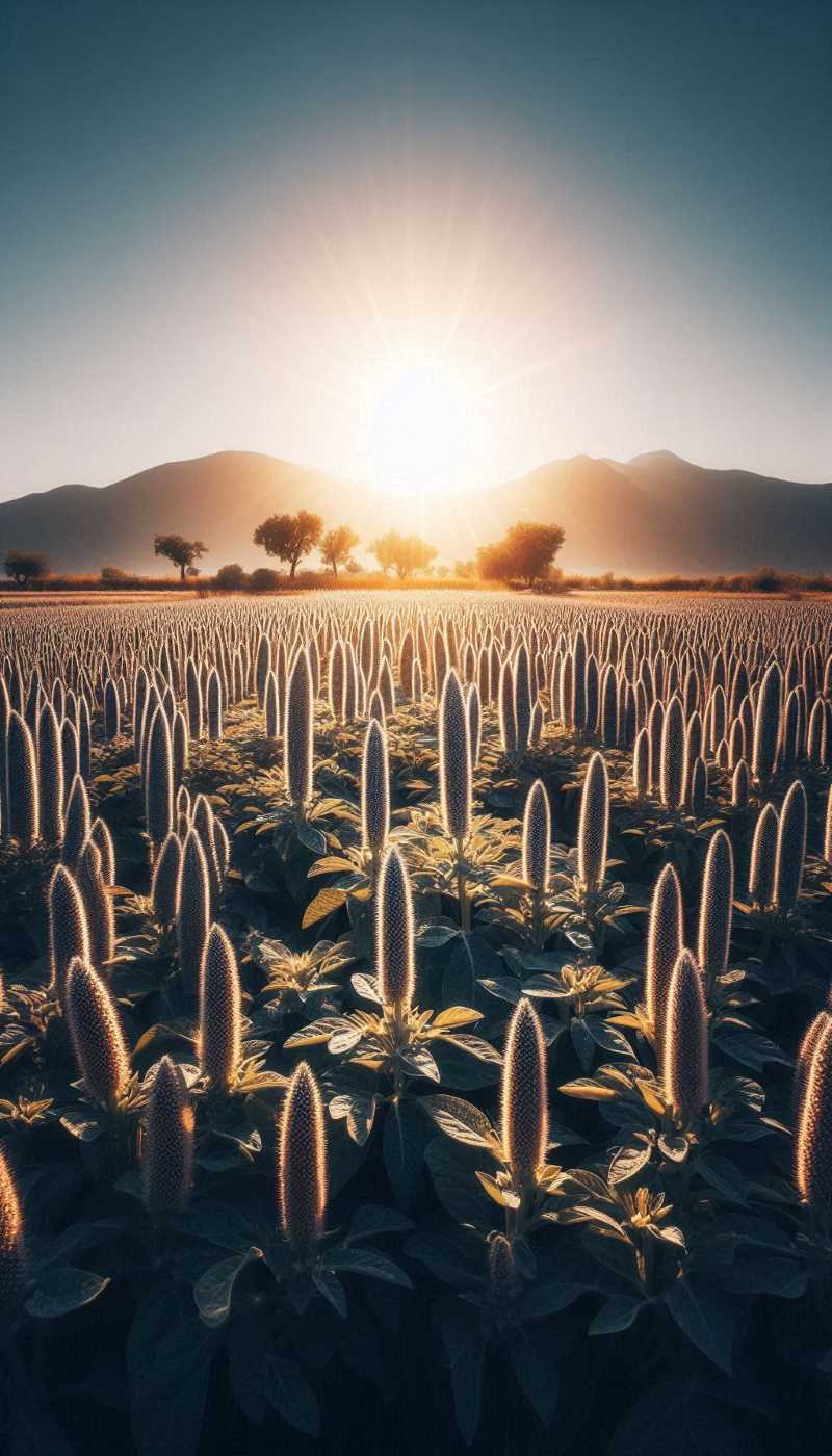 A field of chia plants growing under the hot sun.