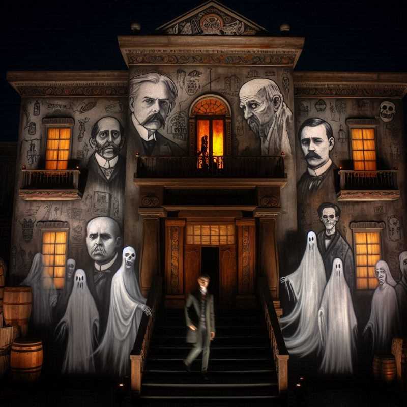 A haunted house with ghostly figures representing Mexico's historical debts.