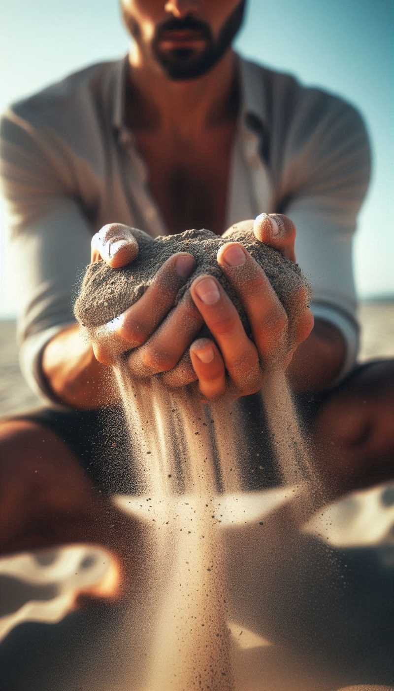 A person trying to hold a handful of sand, with sand grains escaping through their fingers.