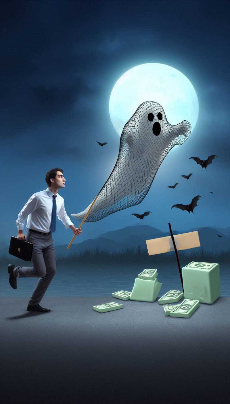 A person chasing a ghost with a net, representing the government trying to catch tax evaders.