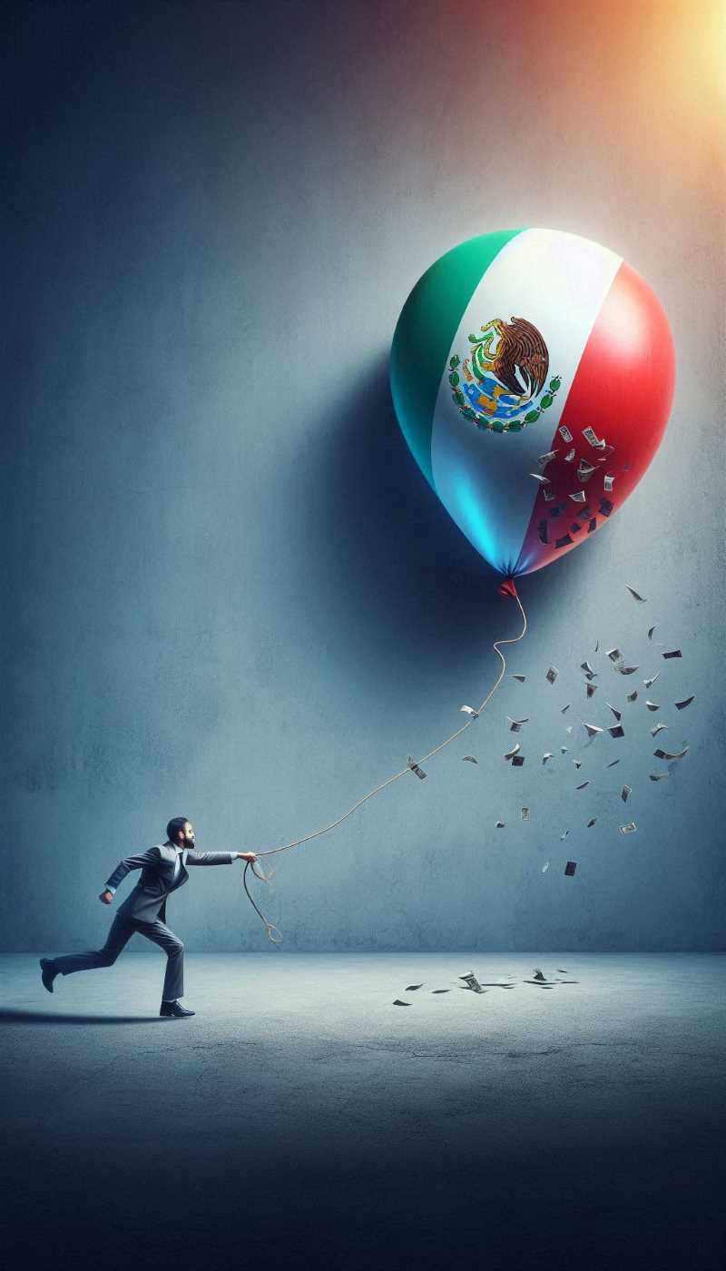 A person holding a balloon, representing Mexico's debt, with the balloon trying to escape.