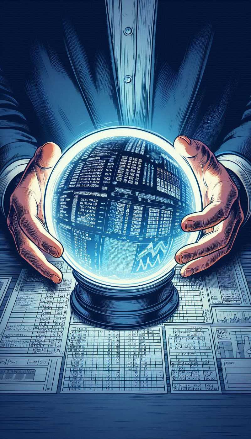 A person reading a crystal ball filled with spreadsheets.