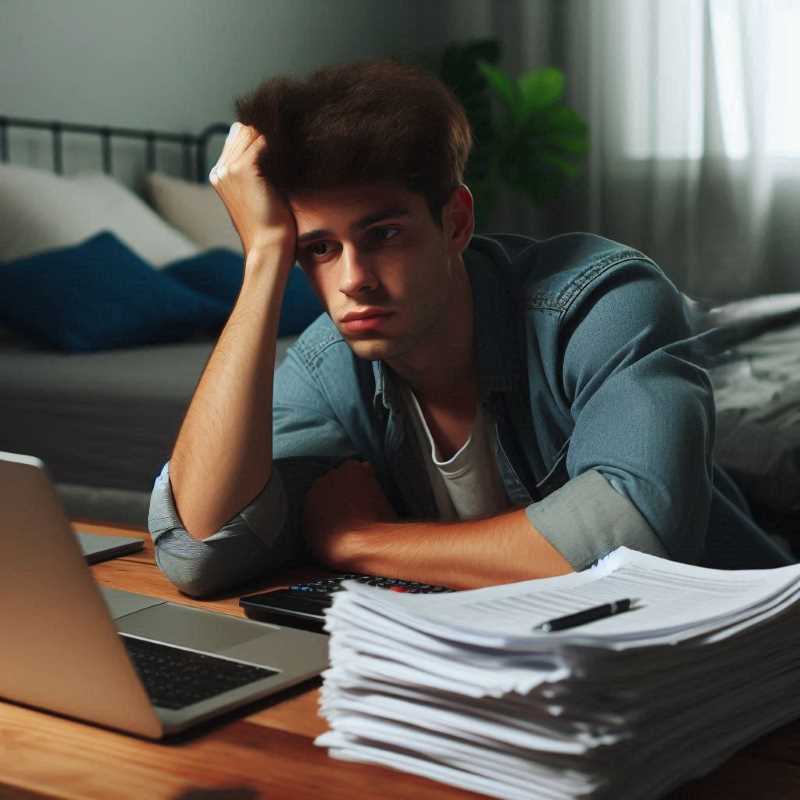 A person sitting in their room, looking bored, with a stack of spreadsheets nearby.