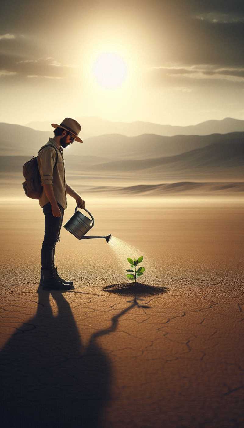 A person watering a plant in a desert, representing Mexico's economic growth efforts.