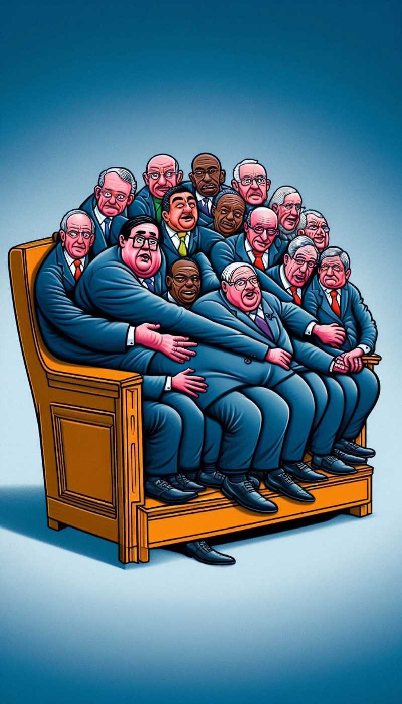 A humorous graphic showing a coalition of political parties cramming into a single oversized seat.