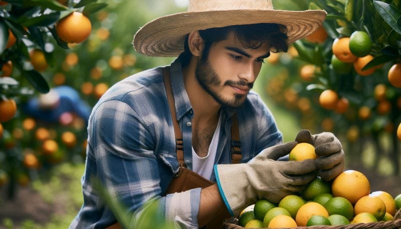 A farmer harvesting citrus fruits in a Huauchinango orchard.