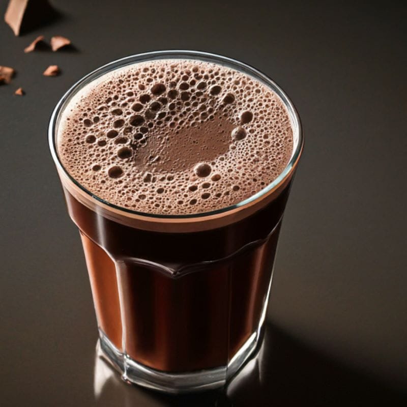 A close-up of a rich, dark cocoa drink.